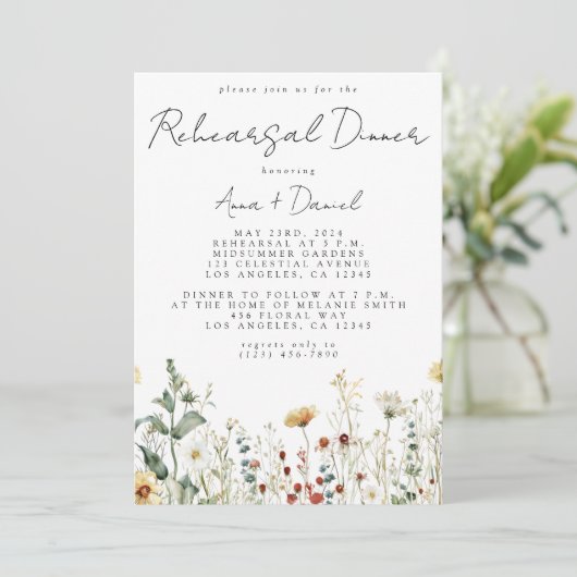 サマーワイルドフラワーフィールド結婚のリハーサルディナー 招待状 (スタンド正面)