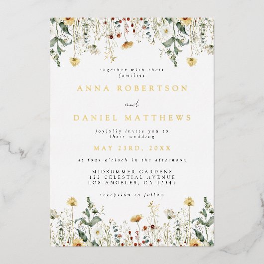 サマーワイルドフラワーフィールド結婚ズフォイル招待状 箔招待状 (正面)