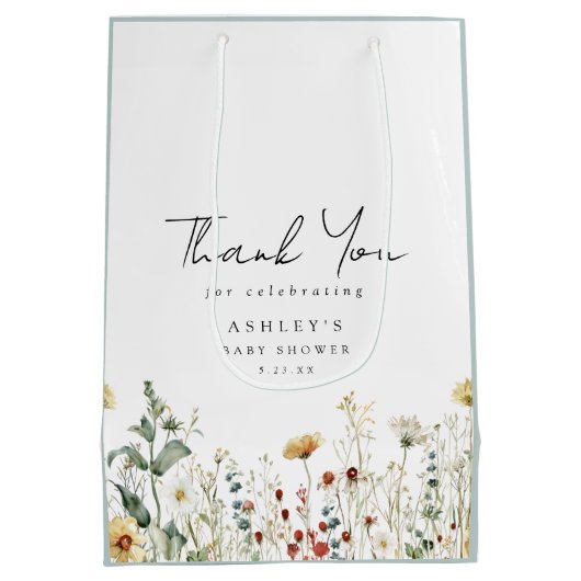 サマーワイルドフラワーフィールド赤ちゃんシャワーありがとう ミディアムペーパーバッグ (裏面)