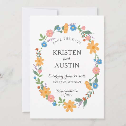 サマーワイルドフラワーフラット日付カードを保存 セーブザデート (正面)