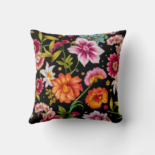 サマーワイルドフラワーフローラアートブラック装飾用クッション クッション (裏面)