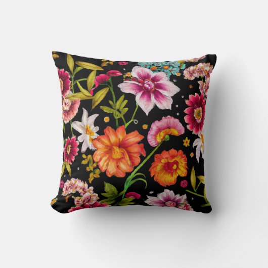 サマーワイルドフラワーフローラアートブラック装飾用クッション クッション (正面)