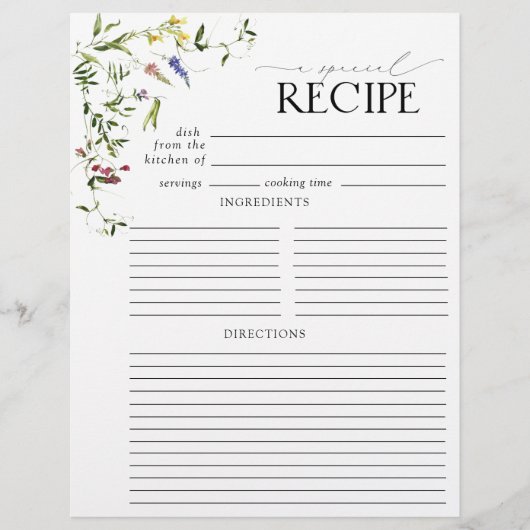 サマーワイルドフラワーブライダルシャワーレシピバインダーページ (正面)