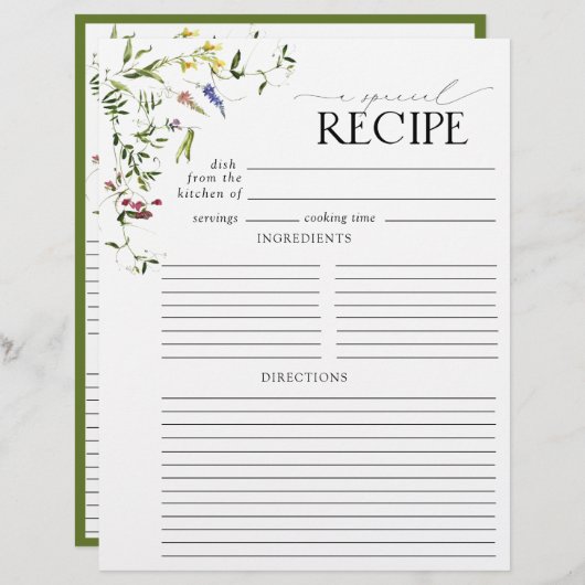 サマーワイルドフラワーブライダルシャワーレシピバインダーページ (正面/裏面)