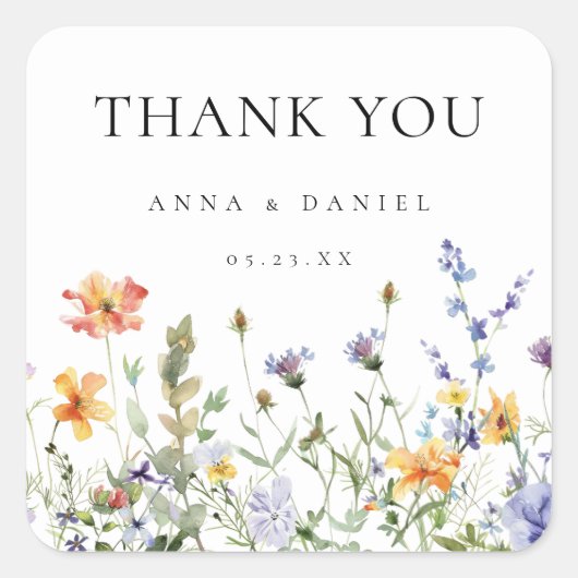 サマーワイルドフラワー庭園の結婚式ありがとう スクエアシール (正面)