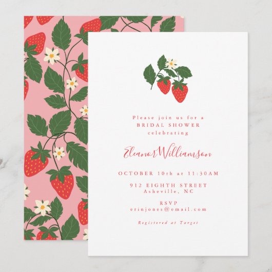 サマーヴィンテージレッドストロベリーボホブライダルシャワー 招待状 (正面/裏面)