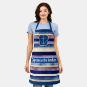 サマー人気があるネイビーブルーボートストライプコレクション エプロン (着用した状態)