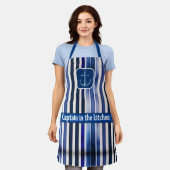 サマー人気があるネイビーブルーボートストライプコレクション エプロン (着用した状態)