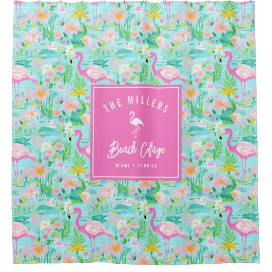 サマー名門私立校風のフラミンゴ |ビーチハウス シャワーカーテン (正面)