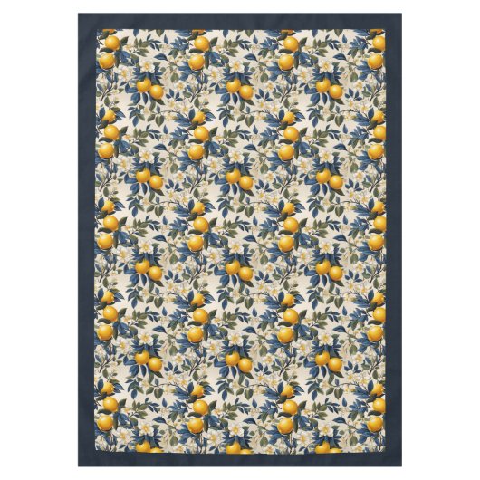 サマー地中海のイエロー・レモンのネイビー・ブルー テーブルクロス (正面)