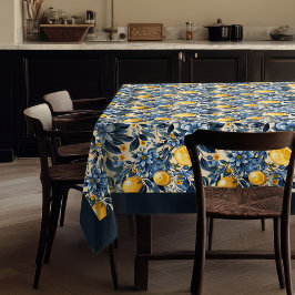 サマー地中海のイエロー・レモンのネイビー・ブルー テーブルクロス