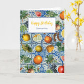 サマー地中海のフルーツブルーモザイク誕生日 カード (黄色い花)