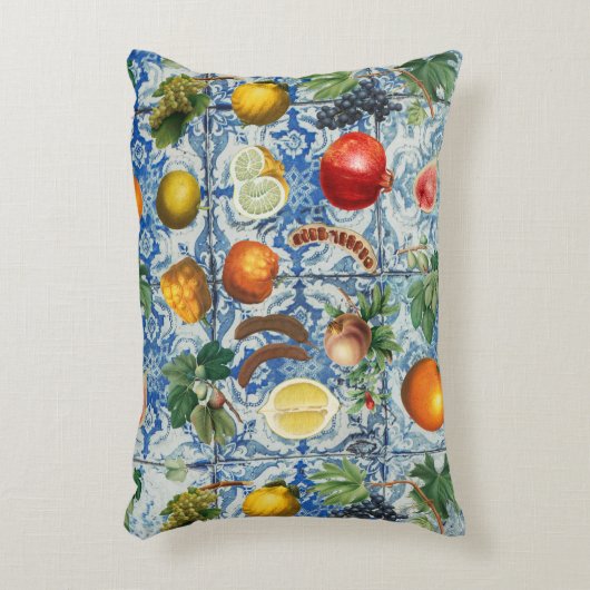 サマー地中海のフルーツ&ブルーホワイトモザイク アクセントクッション (正面(垂直))