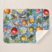 サマー地中海のフルーツ&ブルーホワイトモザイク シェルパブランケット (正面(横))