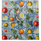 サマー地中海のフルーツ&ブルーホワイトモザイク シャワーカーテン (正面)