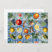 サマー地中海のフルーツ&ブルーホワイトモザイク シーズンポストカード (正面/裏面)