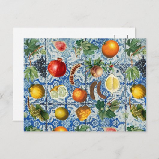 サマー地中海のフルーツ&ブルーホワイトモザイク シーズンポストカード (正面/裏面)