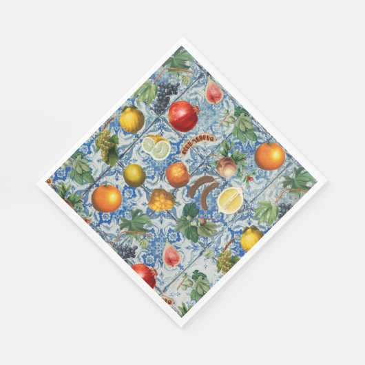 サマー地中海のフルーツ&ブルーホワイトモザイク スタンダードランチョンナプキン (角)
