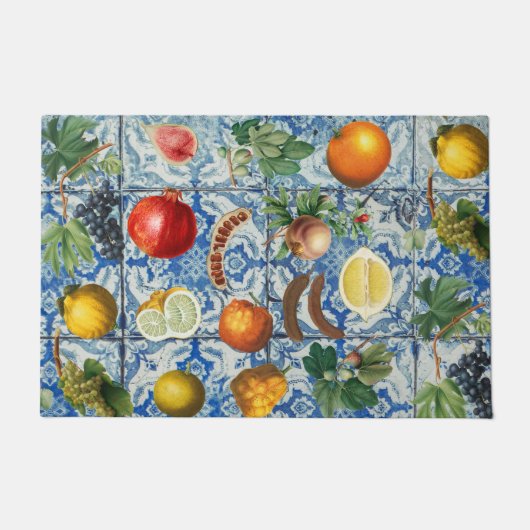 サマー地中海のフルーツ&ブルーホワイトモザイク ドアマット (正面)