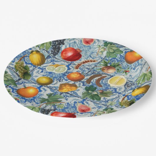 サマー地中海のフルーツ&ブルーホワイトモザイク ペーパープレート (アングル)