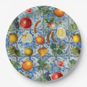 サマー地中海のフルーツ&ブルーホワイトモザイク ペーパープレート (正面)