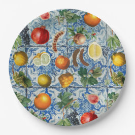サマー地中海のフルーツ&ブルーホワイトモザイク ペーパープレート