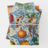 サマー地中海のフルーツ&ブルーホワイトモザイク ラッピングペーパーシート (インサイチュ)