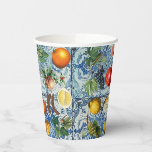 サマー地中海のフルーツ&ブルーホワイトモザイク 紙コップ (左)