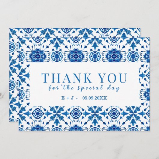 サマー地中海のモダンブルー「ありがとう」カード セーブザデート (正面/裏面)