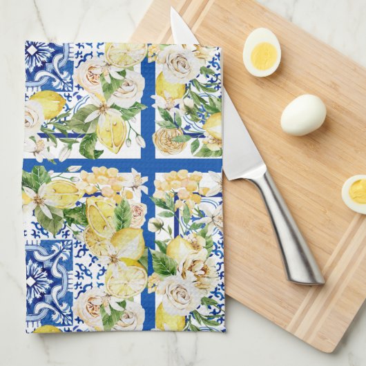 サマー地中海のレモンと花プリント キッチンタオル (四つ折り)