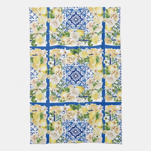 サマー地中海のレモンと花プリント キッチンタオル (縦)