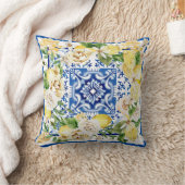 サマー地中海のレモンと花プリント クッション (ブランケット)