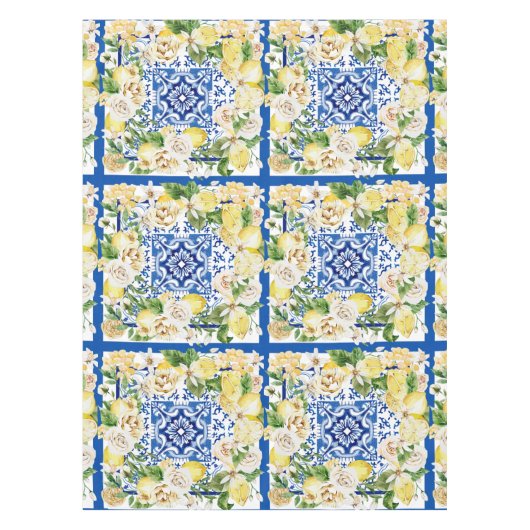 サマー地中海のレモンと花プリント テーブルクロス (正面)