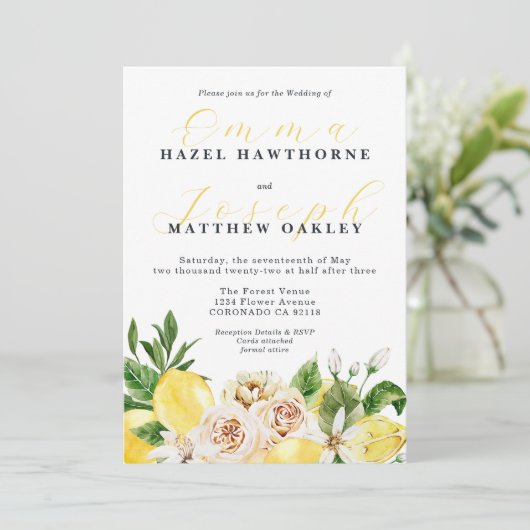 サマー地中海のレモンの明るい黄色結婚の黄色 招待状 (スタンド正面)