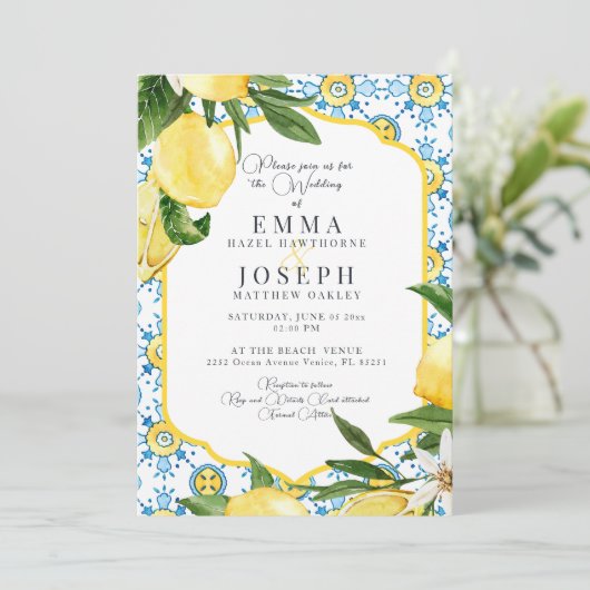 サマー地中海のレモンブライト結婚ブルー 招待状 (スタンド正面)