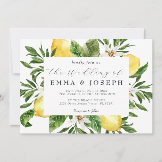 サマー地中海のレモンブライト結婚ブルー 招待状 (正面)