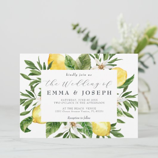 サマー地中海のレモンブライト結婚ブルー 招待状 (スタンド正面)