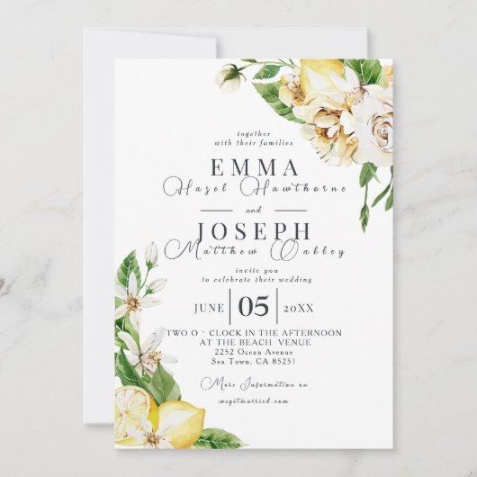 サマー地中海のレモンブライト結婚ブルー 招待状 (正面)