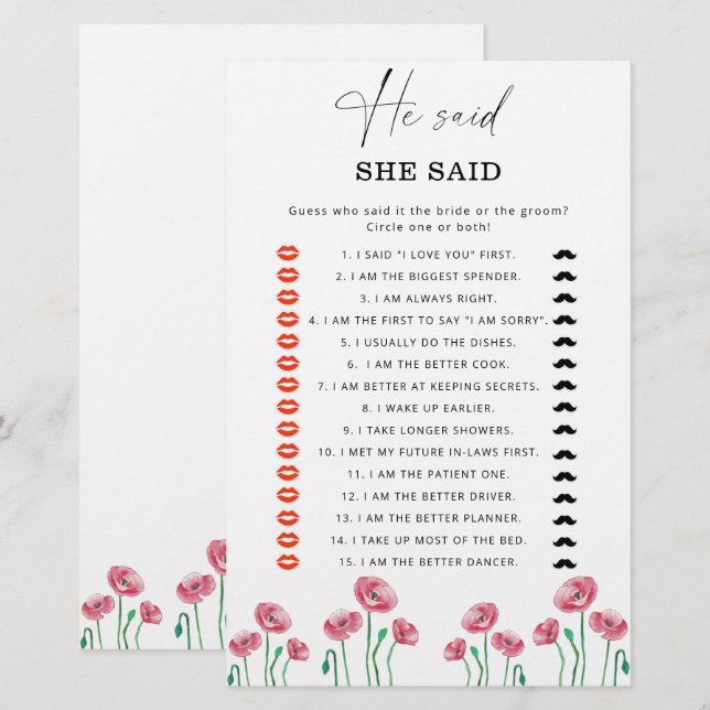 サマー彼は彼女はブライダルシャワーゲームを言った (正面/裏面)