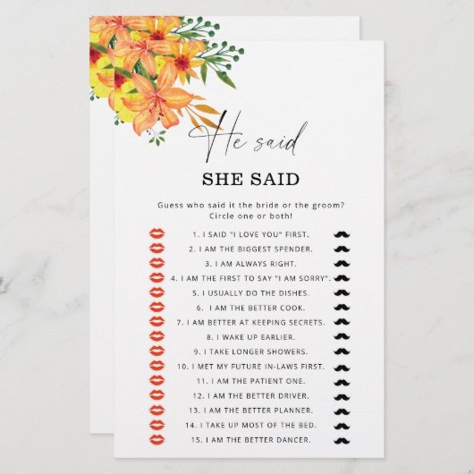 サマー彼は彼女はブライダルシャワーゲームを言った (正面/裏面)