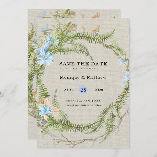 サマー素朴シダリース結婚式の日付を保存 招待状 (正面/裏面)