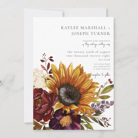 サマー素朴スサンフラワーズ&バーガンディフローラ 招待状 (正面)