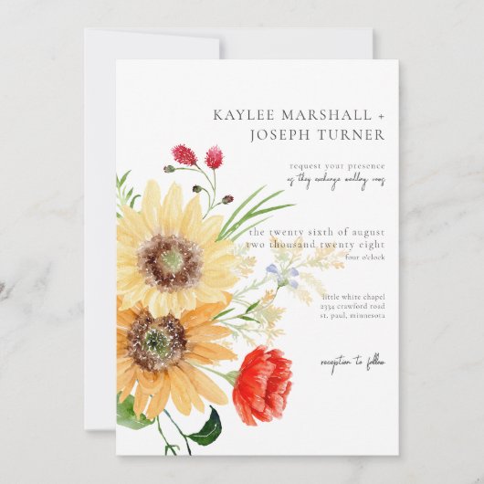 サマー素朴ワイルドフラワー&ひまわり 招待状 (正面)