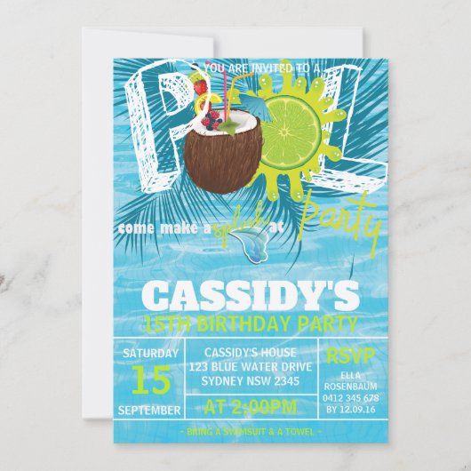 サマー誕生日プールパーティーココナッツ 招待状 (正面)