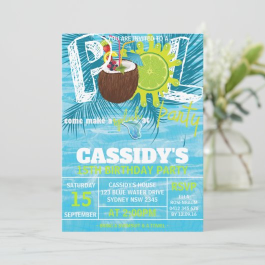 サマー誕生日プールパーティーココナッツ 招待状 (スタンド正面)