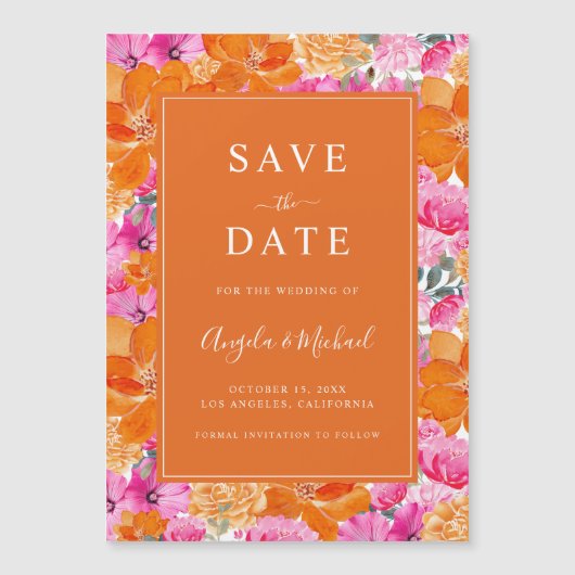 サマー鮮やかガーデン |ピンクとオレンジ結婚の マグネット招待状 (正面)