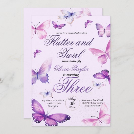 サマー3thバースデーバタフライガールズ誕生日 招待状 (正面/裏面)