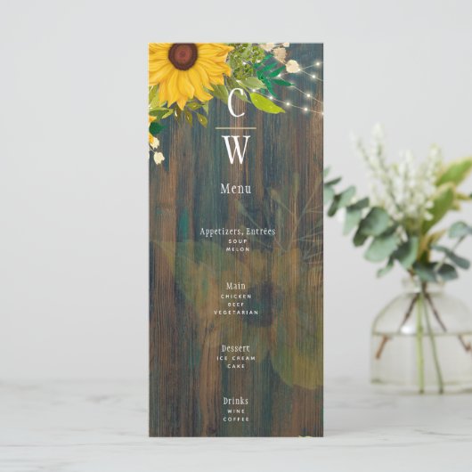 サマー サンフラワーズ ラスティック ウッド ウェディング メニュー (スタンド正面)