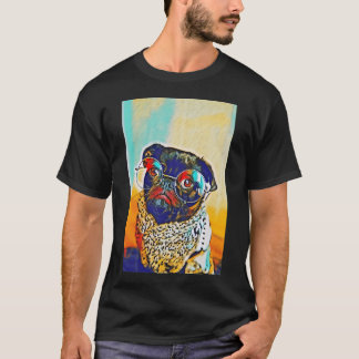 サマー・スクールの先生のメガネ ポップアートの肖像 パグの仔犬 Tシャツ