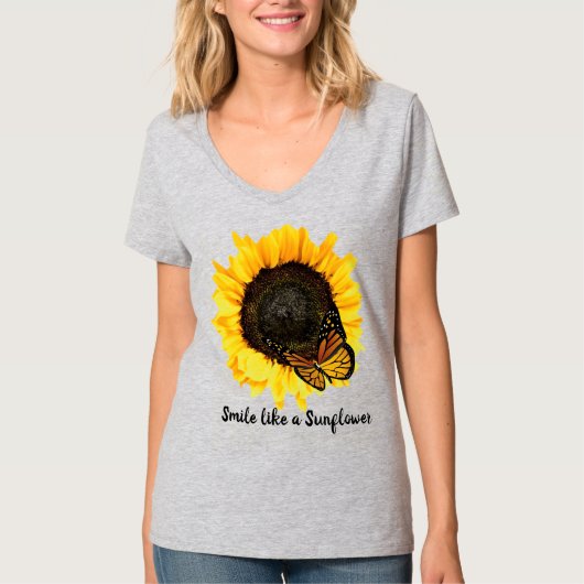 サマー・スタイル 黄色いひまわりと蝶 Tシャツ (正面)